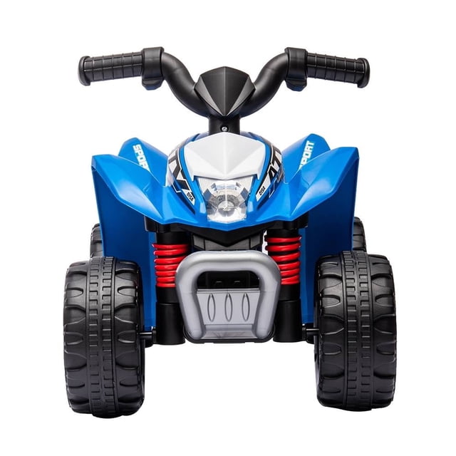 montable prinsel eléctrico 6v azul cuatrimoto infantil vista frontal con batería recargable 6 V, acelerador a pedal, luz frontal y sonidos; carenado azul y blanco, manillar negro, resortes rojos y ruedas anchas de plástico. Diseñado para diversión en interiores y exteriores; suele usarse en juegos de imitación.