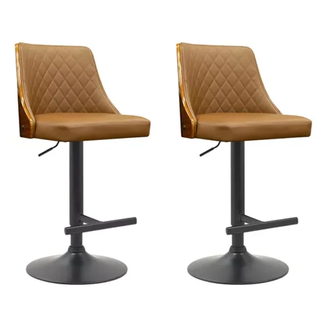 set 2 bancos altos barra desayunador cocina giratorio premium par de taburetes marrón con respaldo acolchado en rombos, asiento ancho y base circular metálica negra con reposapiés y palanca de ajuste; altura total 88.5–109.5 cm y altura de asiento 61.5–72.5 cm; ideal también para barras domésticas o mostradores de recepción.