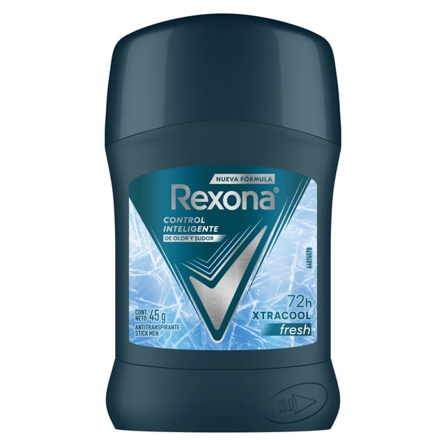 antitranspirante rexona xtra cool en barra para caballero 45 g envase azul oscuro, vista frontal centrada con etiqueta azul hielo y logo Rexona, texto 'control inteligente' y peso 45 g visible, base giratoria inferior y gráfico tipo cristales que indica fragancia fresca; suele usarse para protección diaria y en viajes.
