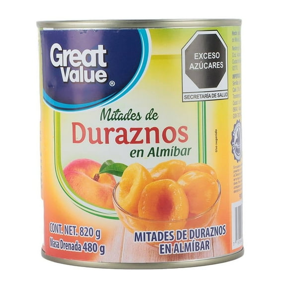 Duraznos en almíbar Great Value en mitades 820 g