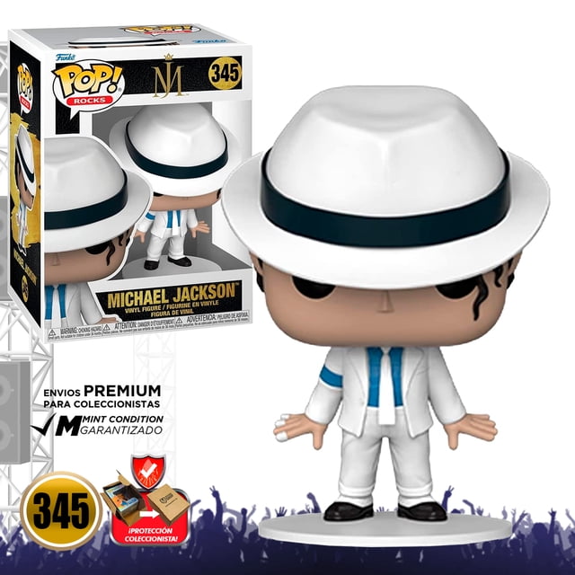 funko pop michael jackson #345 smooth criminal funko traje blanco Coleccionable Funko Pop! Michael Jackson con traje blanco y fedora con cinta negra, corbata azul claro, brazos levemente extendidos en vista frontal, base circular y la caja visible al fondo; Mint Condition y empaquetado para coleccionistas, a menudo usado para exhibición en vitrinas.