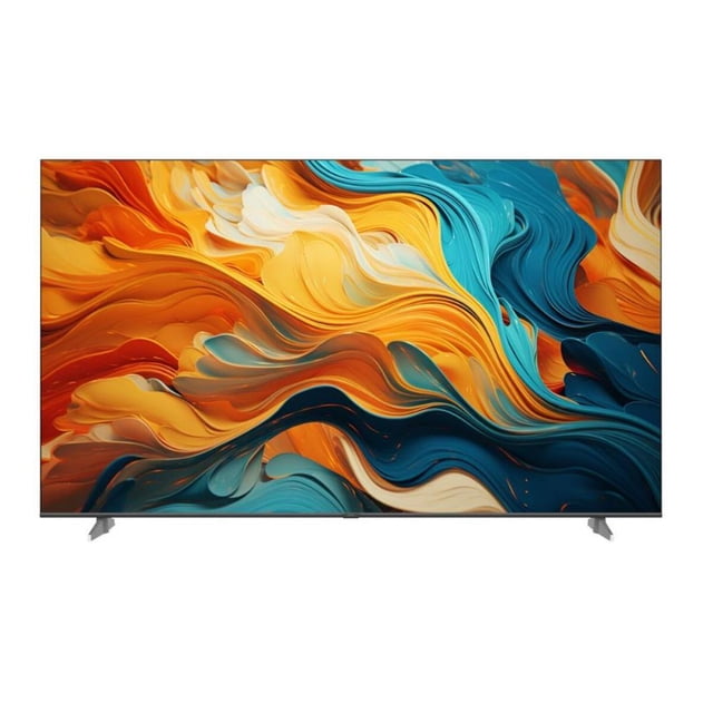 tv 70 pulgadas smart tv uhd 4k h70k85eux haier google tv frente centrado de televisor Haier 70" con diseño de pantalla completa y biseles delgados, patas laterales visibles; pantalla muestra gráfico abstracto colorido; Google TV con Chromecast integrado y control por voz con Google Assistant; sonido Dolby Atmos y certificado dbx-tv, D-LED y MEMC 120Hz. Adecuada también como pantalla grande para presentaciones domésticas.