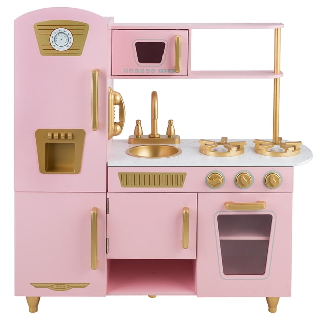 cocina de juguete cocinita de madera para niñas kids house pink and gold coc9pg Cocina de madera rosa con detalles dorados; vista frontal con estufa de dos quemadores y perillas doradas, fregadero redondo y grifo dorado, microondas superior con puerta, alacenas, repisas abiertas y horno con ventana; ideal para juego imaginativo, organización de utensilios y practicar roles de cocina.