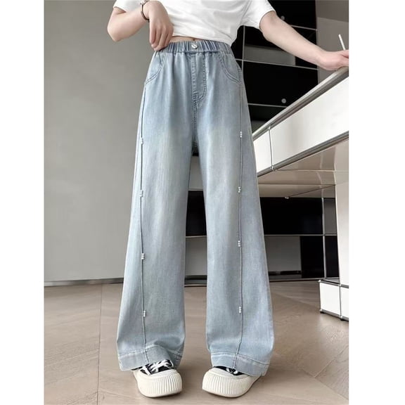 WILLBEST Pantalones Mujer Pantalones Vaqueros Anchos para Niñas, Cómodos y a La Moda, para Uso Informal, Cintura Elástica de Verano. 4-5 Years