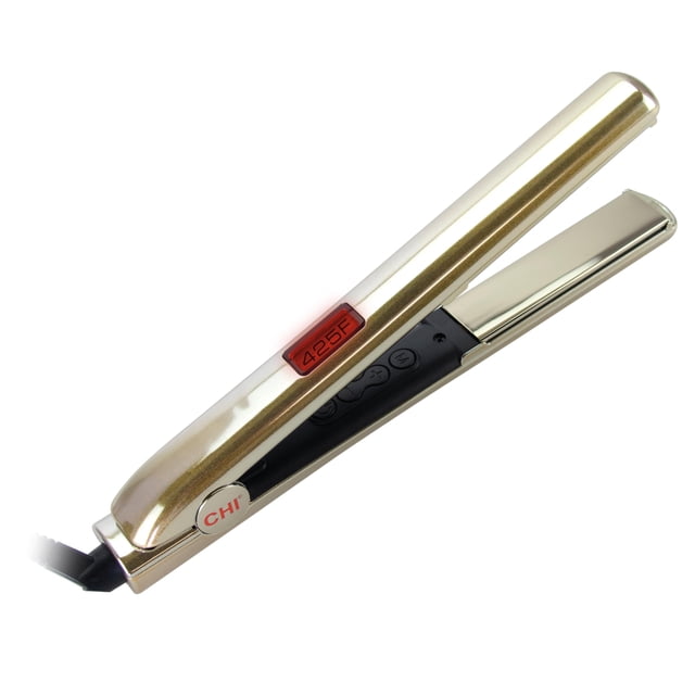 plancha de pelo chi g2 special holiday edition titanium oro, vista 3/4 frontal de alisador de 1 pulgada con placas de titanio doradas, pantalla LCD roja mostrando 425°F, botones de control negros y logo CHI; adecuada también para retoques rápidos en mechones pequeños.