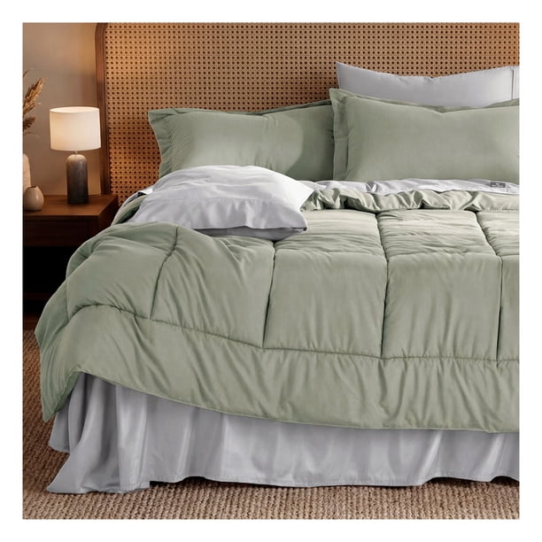 Set Edredón King Size + Funda De Almohada + Sábanas 7 Pzas Real Textil Verde - Gris