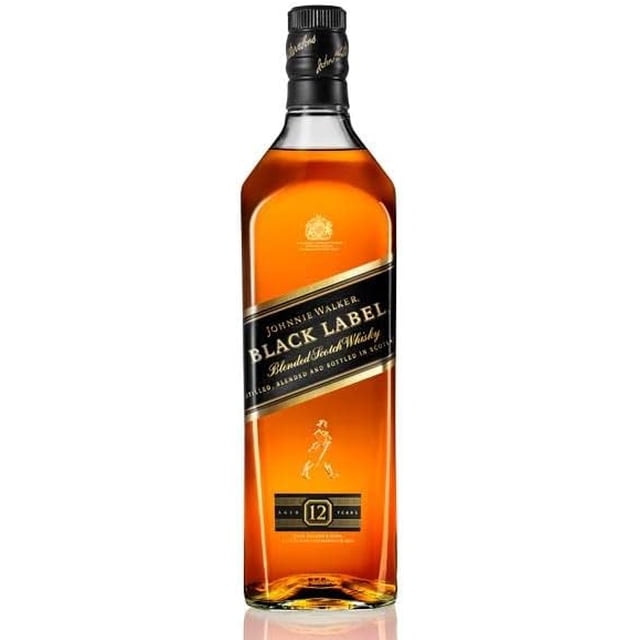 whisky johnnie walker black label 1lt botella frontal de 1 litro con etiqueta negra diagonal y texto dorado 'Black Label', emblema y placa '12 years' visibles, líquido ámbar sobre fondo claro; también suele usarse para coleccionar etiquetas de edición.