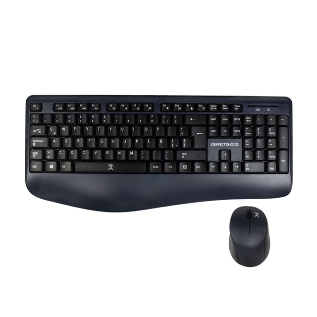 kit de teclado y mouse perfect choice pc-201236 - negro teclado inalámbrico full‑size con reposamuñecas curvo y mouse ergonómico inalámbrico negro, vista cenital frontal, distribución en español, teclas multimedia visibles y logo Perfect Choice, fondo blanco; también adecuado como accesorio de oficina portátil.