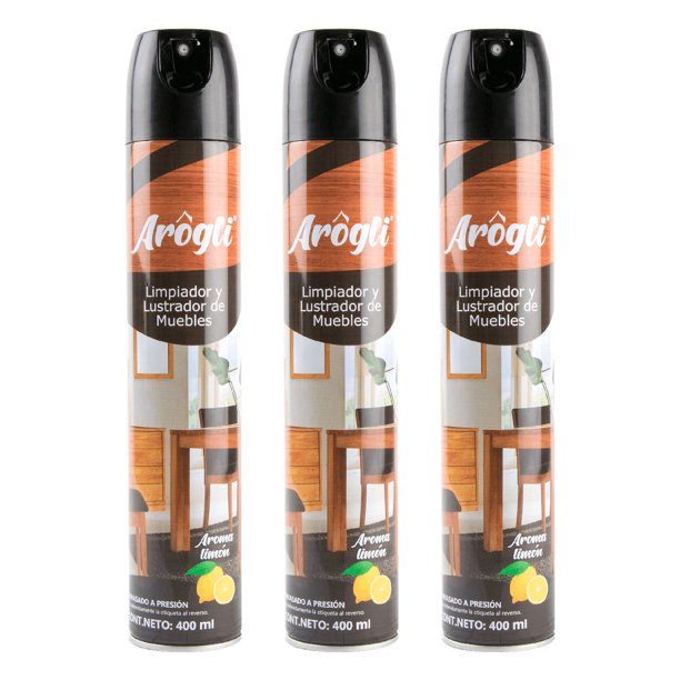 Limpiador y Lustrador de Muebles Arogli Limón en Aerosol 400 ml para Madera, Hogar y Oficina 3 PACK