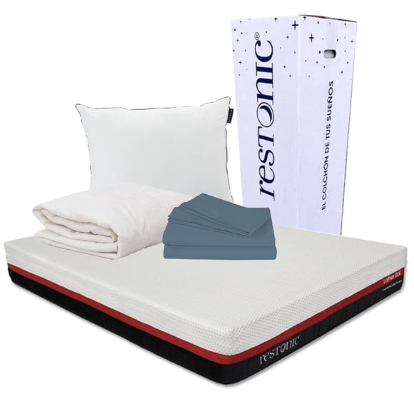 Colchón en Caja Matrimonial Restonic Sábanas Protector de Colchón Almohada Firme Roll