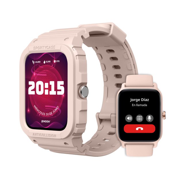 smartwatch binden era xtream x1 haz llamadas +1 correa de regalo rosa 50mm vista 3/4 de dos relojes rosa: uno con carcasa deportiva y correa de 50 mm mostrando pantalla TFT-LCD a color con hora 20:15; otro más delgado muestra llamada entrante “Jorge Díaz”. Se ven botón lateral metálico y orificios de ajuste en la correa sobre fondo blanco. Adecuado para recibir llamadas, notificaciones y monitoreo de salud con la app Very Fit; a menudo se usa también como reloj deportivo compacto para viajes.