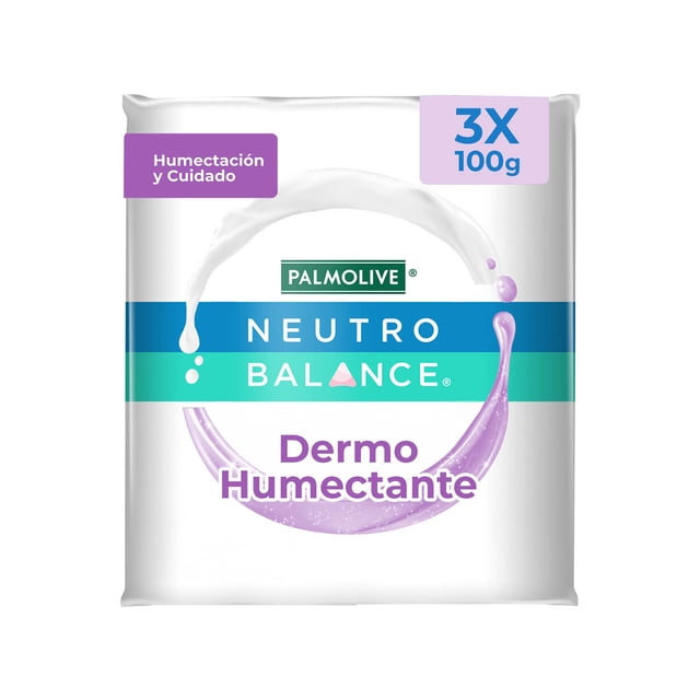 jabón de baño palmolive neutro balance dermohumectante 3x100 g paquete frontal; empaque blanco con bandas azul y verde, logo Palmolive arriba, texto central "Neutro Balance" y "Dermo Humectante" en morado, gráfico de crema y gota, etiqueta superior derecha "3X 100g" y rótulo morado "Humectación y Cuidado"; suele usarse para higiene diaria y piel reseca.