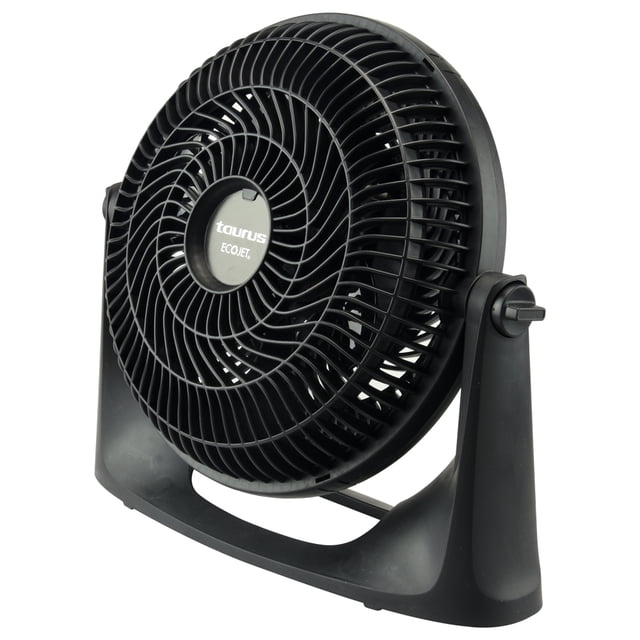 ventilador 2 en 1 taurus de escritorio y pared 10 pulgadas 3 velocidades negro. Vista 3/4 frontal con rejilla circular ECOJET y 6 aspas aerodinámicas, logo Taurus en el centro, cabezal con perno de inclinación ajustable y base para escritorio; opción de montaje en pared, enrolla cable y control de 3 velocidades visibles.
