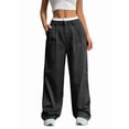 thumbnail image 2 of Pantalones Anchos y Holgados para Mujer, Estilo Palazzo Harén, Informales, A Rayas, con Cintura Elástica y Bolsillos Negro L, 2 of 7