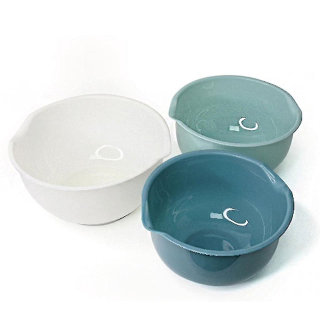 3 pcs kitchen creative mixing bowls, multi-purpose plastic mixing bowl for salad juego de 3 tazones plásticos anidados en vista 3/4 con bordes vertedores; tamaños S(1.5L), M(2.0L), L(2.5L) en blanco, azul verdoso y verde agua, acabado liso brillante, según especificaciones aptos para lavavajillas y refrigerador; a menudo usados para mezclar, marinar o servir ensaladas.