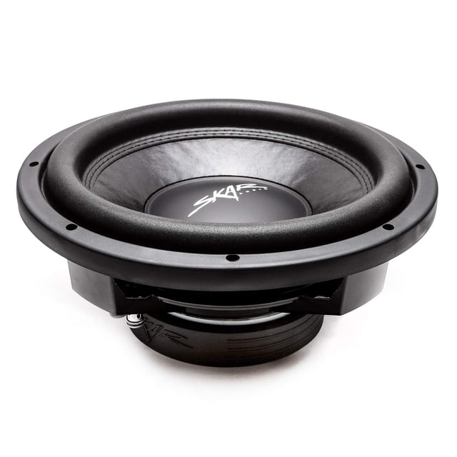 subwoofer para coche skar audio vd-12 d4 12 800 w de potencia máxima dual de 4 ohmios vista frontal centrada de 12 pulgadas, montaje poco profundo (profundidad 4.92"), cono de papel prensado con envoltura de espuma y costuras visibles, dust cap con logo Skar, cesta negra y borde de suspensión ancho; sensibilidad 85.9 dB y respuesta 25–300 Hz. A menudo usado en sistemas de auto para refuerzo de bajos y compatible con cajas selladas o portadas.