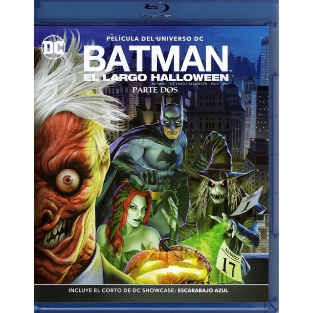 nuevo | 3 vendidos batman el largo halloween parte 2 dos dc pelicula blu-ray — Carátula frontal del Blu-ray con Batman centrado, capa y emblema visibles, fondo nocturno de Gotham; figuras de villanos alrededor (incluye Poison Ivy y Scarecrow según sinopsis), calabaza con fecha y el título grande en la parte superior.