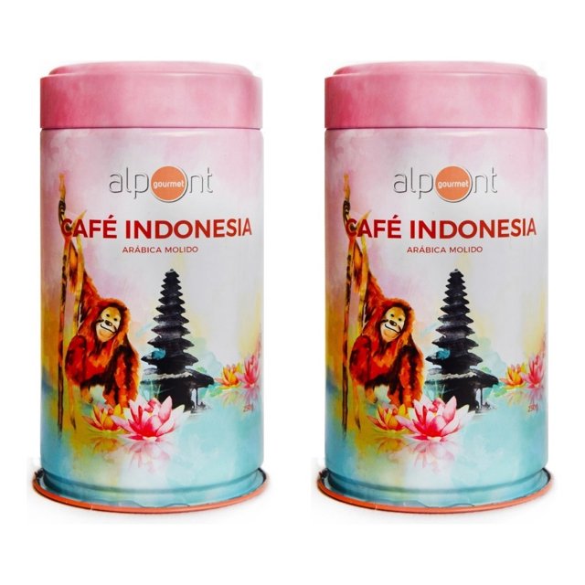 alpont gourmet café indonesia molido 250 gramos 2 piezas conjunto de dos latas cilíndricas frontales con tapa rosada y base turquesa, texto 'CAFÉ INDONESIA ARÁBICA MOLIDO' y logo Alpont en la parte superior, ilustración de orangután, pagoda y flores; vista centrada y frontal. También adecuada como set compacto para regalo gourmet o despensa.