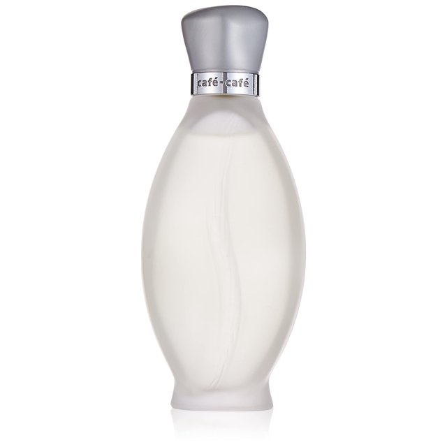 café-café homme perfume 100ml Caballero, botella frontal de vidrio ovalado esmerilado multicolor con tapa plateada redondeada y aro cromado grabado "café-café" sobre fondo blanco, adecuado como regalo.