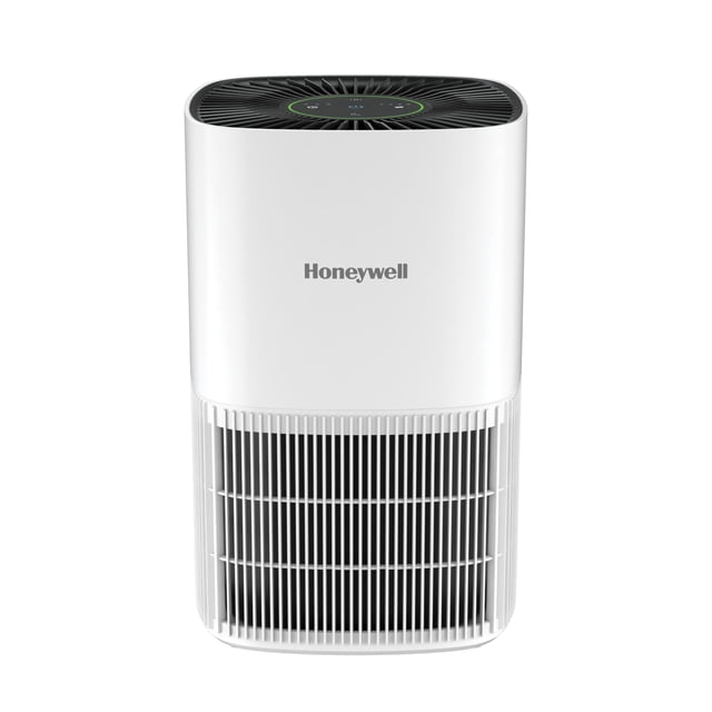 purificador de aire honeywell hpa125w hepa, cobertura de 49 m², blanco — Vista frontal centrada del purificador de sobremesa blanco con logotipo Honeywell, rejilla inferior de admisión vertical y panel superior negro con controles táctiles circulares y anillo indicador de calidad de aire codificado por color; sistema HEPA 3 en 1 visible en la estructura de filtros, indicado para dormitorios, oficinas y espacios de hasta 49.2 m²; certificado ENERGY STAR.