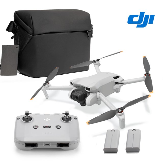 dron dji mini 2 se fly combo bundle fly more blanco, vista 3/4 frontal con hélices desplegadas; dron compacto con cámara CMOS 1/2.3 12 MP en estabilizador de 3 ejes, mando a distancia blanco, dos baterías extra y bolsa de transporte negra sobre fondo blanco. Suele usarse también para fotografía de viajes y vlogs por su peso de 249 g y hasta 31 min de vuelo.