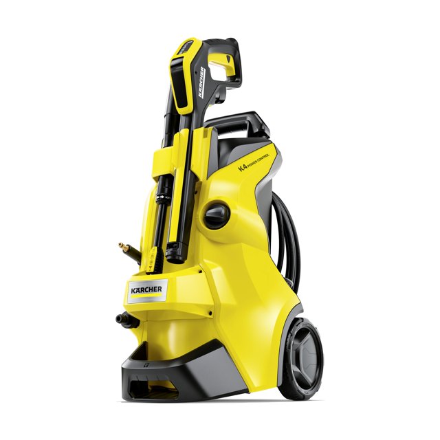 hidrolavadora kärcher, control de potencia k4, máx. 1900 psi, manguera de 7,9 m (26 pies), 2 varillas de pulverización - 6,3 l/min vista 3/4 frontal de la hidrolavadora Karcher K4 amarilla y negra con ruedas grandes; manguera de alta presión enrollada en el lateral con gancho, pistola Power Control con gatillo LED en el asa y varillas Vario Power y DirtBlaster sujetas al cuerpo, tapa del sistema Plug 'n' Clean visible debajo del asa; a menudo usada para limpieza automotriz y tareas exteriores por su alcance y control de presión.