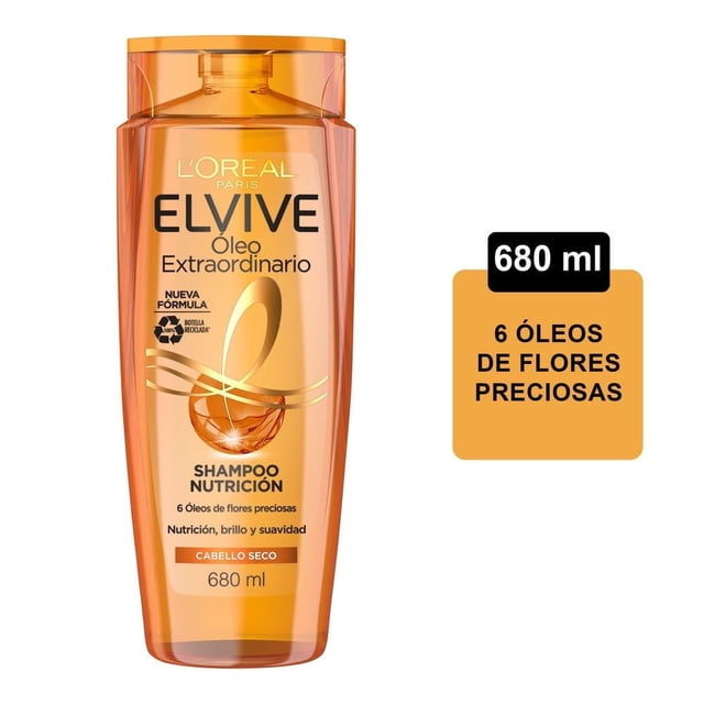 shampoo l'oréal elvive óleo extraordinario cabello seco 680 ml botella naranja translúcida frontal con etiqueta L'Oréal Paris Elvive, texto 'Óleo Extraordinario', 'Shampoo Nutrición', '6 óleos de flores preciosas' y volumen 680 ml; envase hecho con plástico 100% reciclado y tapón a presión. También suele usarse para llevar productos capilares de tamaño reducido en viajes.