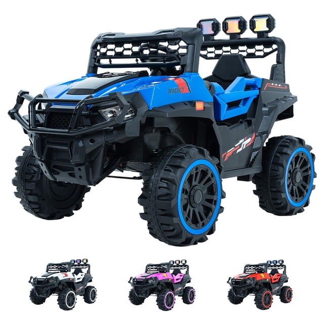 carro buggy electrico montable de bateria para niños azul SELECTSHOP, vista 3/4 frontal de buggy todoterreno infantil con carrocería azul y acentos negros, parrilla y protector frontal, barra superior con tres focos, asiento individual y grandes neumáticos de tacos con aro azul; incluye control remoto con avance, reversa, izquierda, derecha, velocidad, mecedora y freno; ideal para paseos en parque.