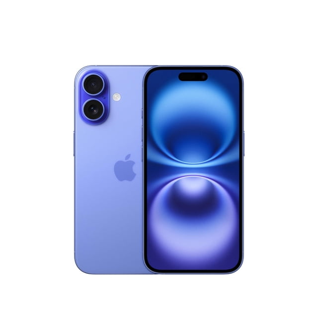 apple iphone 16 128gb - ultramarine teléfono azul ultramarine, vista frontal y trasera; pantalla OLED de 6.1 pulgadas sin marco con fondo abstracto azul, chasis liso, doble cámara trasera y lente principal 48 MP, sensor Face ID en el frontal, botones laterales y logo Apple en la espalda; también apto para usar como referencia para comparativas de cámaras móviles.
