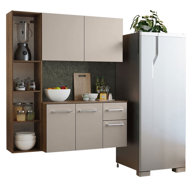 cocina integral madesa 120cm marrón/crema suspendida, vista frontal con módulo vertical abierto a la izquierda y alacena superior de dos puertas; frentes crema en pintura poliéster, estructura marrón MDP, tiradores de aluminio, encimera de MDP, mueble bajo con tres puertas y un cajón. Medidas: 136 cm alto x 120 cm ancho; fondo superior 26 cm, inferior 36 cm.