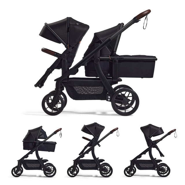 momcozy changego carriola de bebé multifuncional, cochecito convertible de individual a doble y a vagón con 23 configuraciones, negro vista lateral centrada del cochecito negro en configuración doble con moisés y asiento; chasis tubular y tejido polyester negro, capotas extensibles UPF50+ con paneles de malla y ventana peekaboo, barra frontal en imitación cuero marrón, arnés de 5 puntos; ruedas delanteras giratorias de 10 pulg. y traseras de 12 pulg. en PU con suspensión en las cuatro ruedas y cesta de almacenamiento inferior. Miniaturas inferiores muestran conversiones a moisés, asiento reclinable multi‑posición y modo individual; suele usarse también como vagón para salidas familiares.