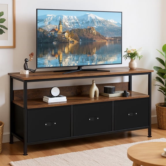 Yeshouse Soporte de TV con 3 cajones de tela, armario de TV de 55 pulgadas, soporte de TV de almacenamiento de sala de estar moderno, centro de entretenimiento con espacio abierto