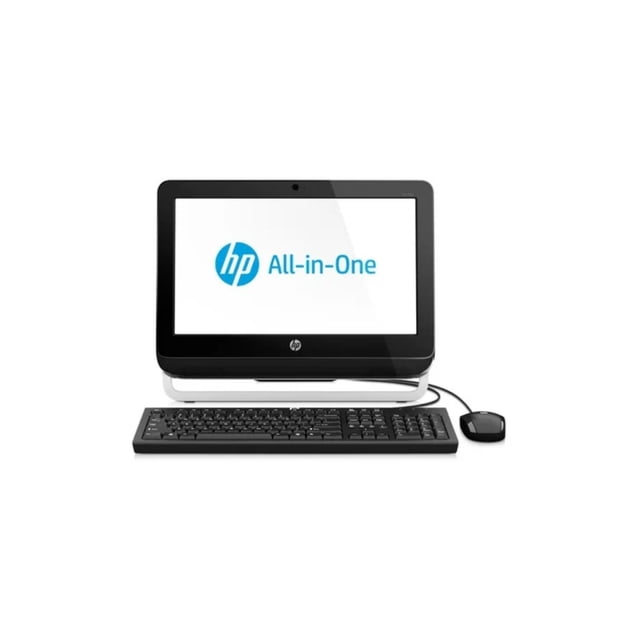 all in one hp 1155, amd e1, 8gb de ram, 256 gb ssd, reacondicionado. Frontal centrado de PC todo en uno HP negro con pantalla integrada y cámara web superior, base curva metálica visible, teclado y mouse USB delante; pantalla muestra logo "HP All-in-One". Formato compacto para ahorrar espacio en escritorios domésticos; a menudo usado como estación de estudio o quiosco informativo en espacios pequeños.