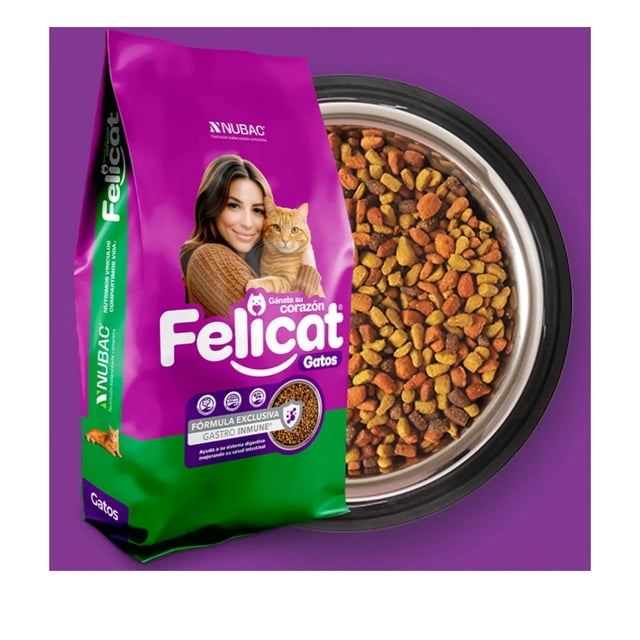 felicat 15 kg alimento seco para gato — bolsa frontal verde y morada con logo Felicat y rótulo "Gastro-Inmune", junto a un plato con croquetas sabor pollo y pescado; indica nutrición equilibrada, control de bolas de pelo y apoyo a piel, pelo, músculos y huesos. Vista 3/4 sobre fondo morado.
