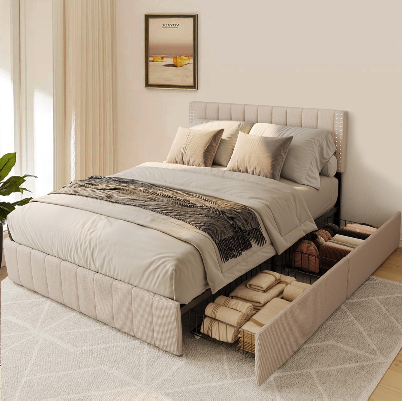 Zocalo Base de Cama Full Size | Cama con Almacenamiento, Respaldo Ajustable y 4 Cajones-Beige