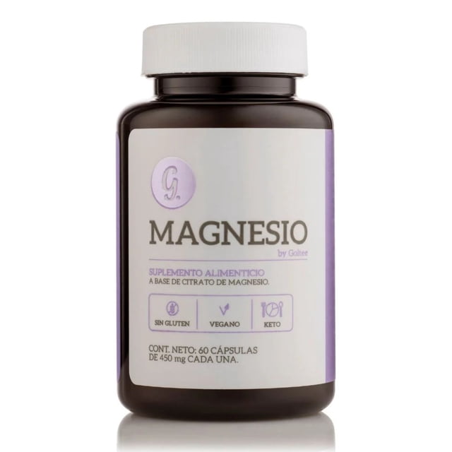 citrato de magnesio goltee - suplemento de alta absorción - 450 mg por cápsula - 60 cápsulas, frasco frontal centrado de plástico marrón con tapa blanca y etiqueta blanca y lila que muestra 'MAGNESIO' y 'Suplemento alimenticio a base de citrato de magnesio', iconos de sin gluten, vegano y keto y leyenda 'Cont. Neto: 60 cápsulas de 450 mg'. Suele usarse como complemento diario para aumentar la ingesta de magnesio.