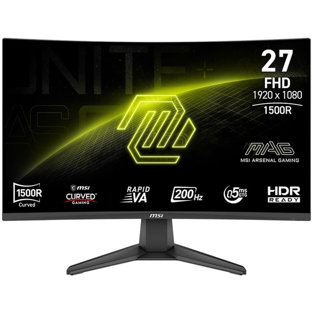 monitor gamer curvo 27 msi mag 276cf e20 0.5ms 200hz full hd rapid va hdmi adaptive-sync negro vista frontal curvada 1500R, panel Rapid VA 27" 1920 x 1080 (FHD), bisel inferior delgado con logo MSI, base en forma de V negra; pantalla muestra 200 Hz, 0.5 ms (GtG) y HDR preparado. Pensado para FPS competitivos, RPG y simuladores; también se usa frecuentemente como pantalla secundaria para transmisión.