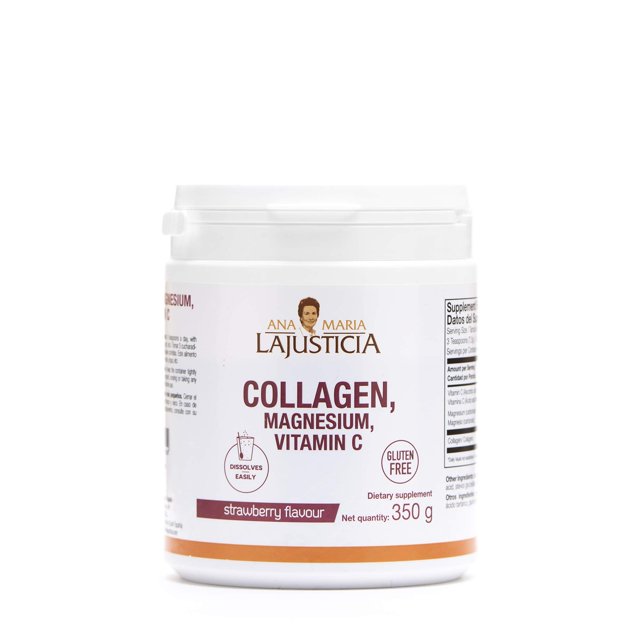colágeno en polvo ana maría lajusticia con magnesio y vitamina c 350g bote frontal centrado; etiqueta blanca con logo Ana María Lajusticia, texto visible 'Collagen, Magnesium, Vitamin C', indicación sabor fresa y sello 'gluten free', producto aislado sobre fondo blanco.