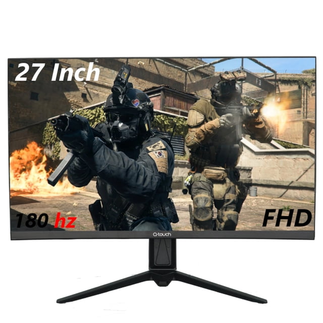 monitor gamer qtouch curvo 27 pulgadas 180hz full hd (1920 x 1080px) color negro qg-2700 luces led Vista frontal de monitor curvo LED VA de 27" con bisel delgado y base en V negra; pantalla muestra escena de shooter con texto superpuesto "27 Inch", "180 hz" y "FHD", logotipo Q-TOUCH en el bisel inferior y luces LED traseras sugeridas; puertos HDMI, DP y USB indicados en las especificaciones no visibles; a menudo usado para setups de juego y streaming.