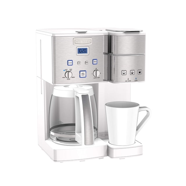 cafetera cuisinart ss-15w coffee center 12 tazas blanca unidad 2 en 1 vista frontal con jarra de vidrio de 12 tazas a la izquierda y dispensador individual a la derecha; panel con pantalla digital, botones y perilla, acabado en acero inoxidable y carcasa blanca, incluye taza en la base; a menudo se usa para servir lotes y preparar porciones individuales para llevar.