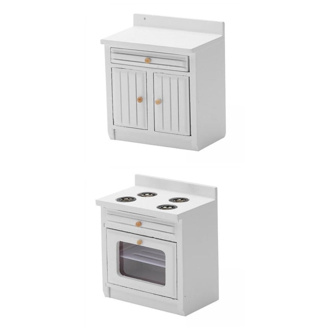 estufa de cocina y muebles de encimera para casa de 1:12, color blanco escala 1:12. Conjunto de miniatura en madera de abedul con un gabinete de encimera frontal que incluye un cajón superior y dos puertas con tiradores redondos, y una estufa independiente con cuatro quemadores simulados y horno con puerta de vidrio.