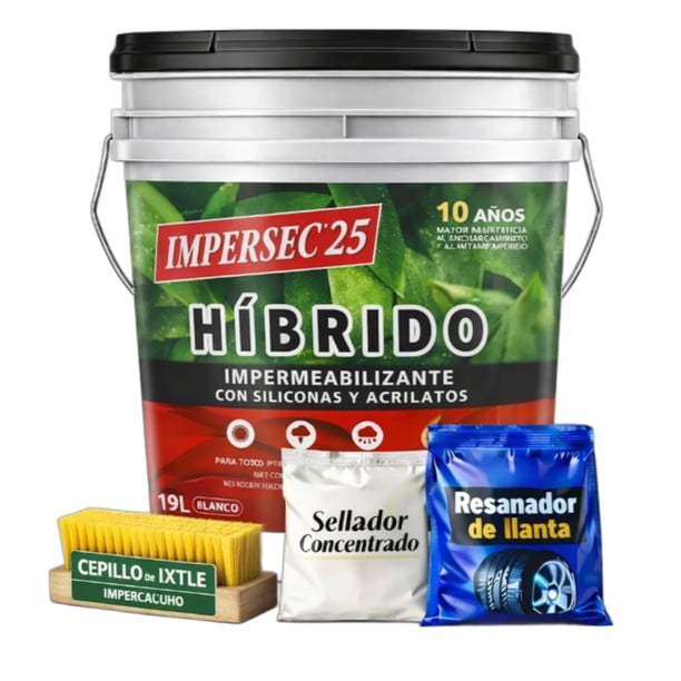 Impermeabilizante Impersec 10 Años Blanco 19 L Kit 3 con Sellador, Resanador y Cepillo Dentro de la Cubeta