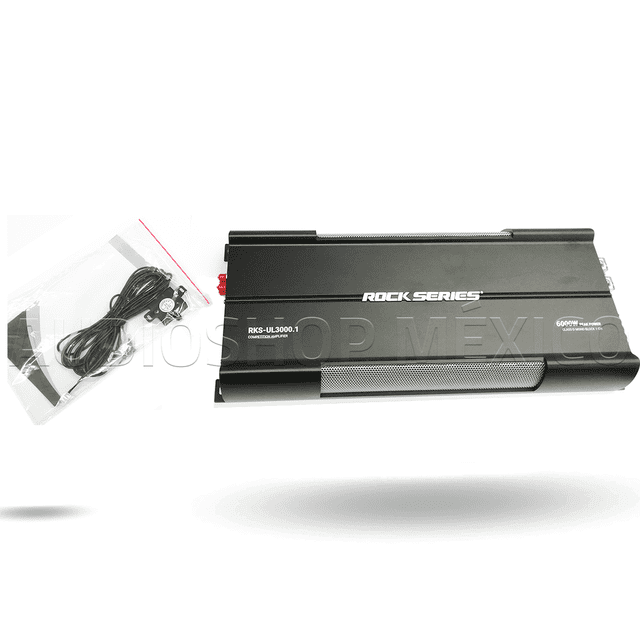 amplificador monoblock rock series rks-ul3000.1 6000 watts clase d competencia spl rock series rksul30001 Vista cenital, amplificador para auto negro Rock Series con carcasa rectangular de aluminio, logo "ROCK SERIES" blanco centrado, modelo RKS-UL3000.1 en la esquina izquierda, rejilla texturizada en la parte baja, terminales y bornes visibles en el extremo derecho y cable de control empaquetado a la izquierda; adecuado para sistemas SPL y proyectos de audio en coche.