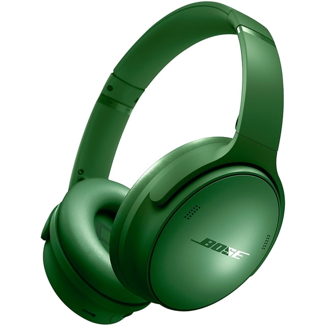 audífonos inalámbricos bose quietcomfort con cancelación de ruido cypress green. Vista 3/4 frontal de auriculares over-ear verdes con almohadillas acolchadas y diadema ajustable; copas con logo Bose y controles visibles en la copa derecha; acabado mate liso sobre fondo blanco. También suelen usarse para sesiones de escucha prolongadas y viajes por su batería de larga duración.
