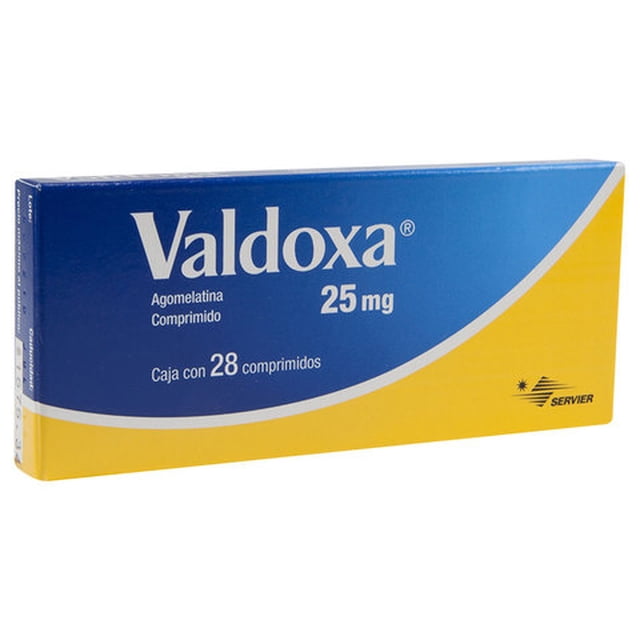 valdoxa 25 mg 28 comprimidos caja 3/4 frontal, paquete rectangular azul y amarillo con texto blanco "Valdoxa", indicación "25 mg" y leyenda "Caja con 28 comprimidos" claramente visibles sobre fondo blanco.