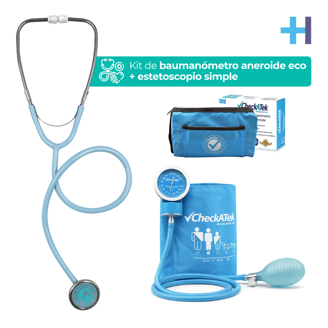 kit de baumanómetro aneroide azul cielo marca checkatek con estetoscopio simple: baumanómetro aneroide color aqua con manómetro cromado y carátula blanca, bulbo de inflado y tubo flexible conectados a funda azul con pictogramas, estuche de transporte y estetoscopio a juego sobre fondo blanco.