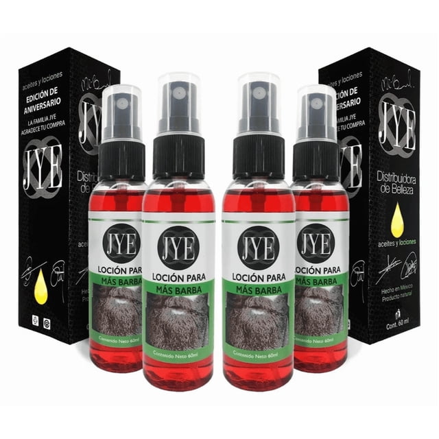 4 botellas loción para el tratamiento de barba, bigote, cabello y cejas Roja JYE, cuatro frascos spray frontales de 60 ml con líquido rojo y etiqueta blanca y verde y logo JYE, cajas de empaque negras al fondo; la etiqueta indica 5% bergamota y 5% biotina para crecimiento y tratamiento, a menudo usado también para acondicionar y dar brillo a brochas y cepillos de barba en viajes.