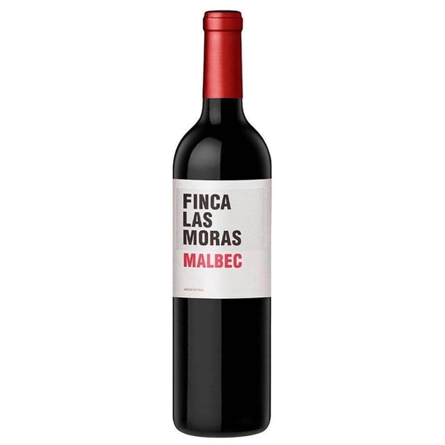 vino tinto finca las moras malbec 750 ml botella frontal con etiqueta blanca que lee 'FINCA LAS MORAS MALBEC', cápsula roja en el cuello y vidrio oscuro; origen Argentina, región Luján de Cuyo, uva Malbec. Fondo blanco, toma centrada. Suele usarse como acompañamiento en tablas y carnes.