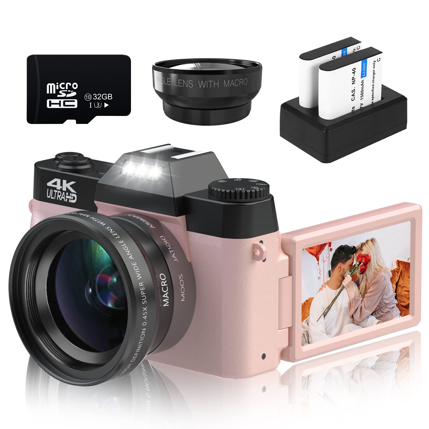 VETEK Cámaras digitales para fotografía 4K 48MP Cámara Vlogging Zoom digital 16X Enfoque manual Cámara compacta para estudiantes con lente gran angular de 52 mm y lente macro Tarjeta micro 32G y 2 bat