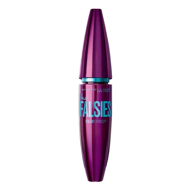 máscara para pestañas maybelline the falsies efecto pestañas postizas lavable black 9 ml tubo frontal morado metálico con texto azul, presentación compacta de 9 ml y tono Very Black; cepillo tipo cuchara flexible según especificaciones para envolver y dar volumen a las pestañas.